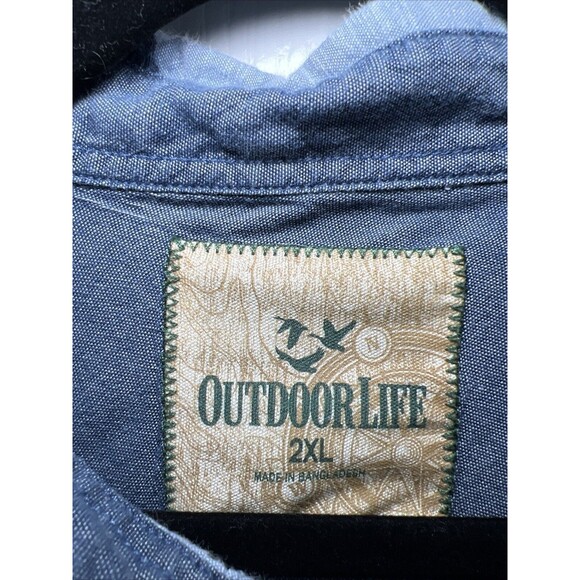 Outdoor Life Chambray Blue Deer Fish Print Button Up Shirt XXL Short Slv Cotton - Picture 4 of 8